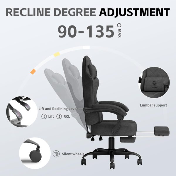 PZDO Gaming Chair, Gaming Chairs for Adults with Footrest, Lumbar Support, Fabric Computer Office Chair, High Back PC Chair Ergonomic Gamer Chair with Wide Cushion, Recliner, 300LBS, Teens, Black - Image 3