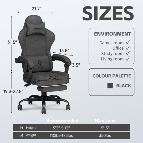 PZDO Gaming Chair, Gaming Chairs for Adults with Footrest, Lumbar Support, Fabric Computer Office Chair, High Back PC Chair Ergonomic Gamer Chair with Wide Cushion, Recliner, 300LBS, Teens, Black - Image 2