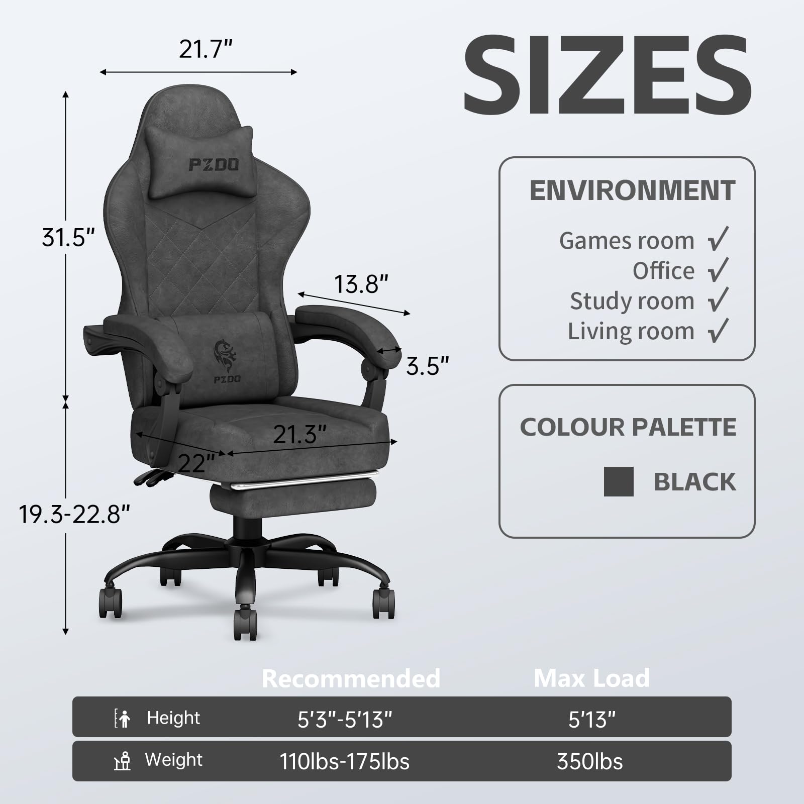 PZDO Gaming Chair, Gaming Chairs for Adults with Footrest, Lumbar Support, Fabric Computer Office Chair, High Back PC Chair Ergonomic Gamer Chair with Wide Cushion, Recliner, 300LBS, Teens, Black