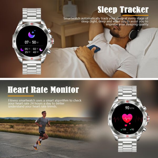 fremtudmy Smartwatch Heren met Metalen Band, 1,43'' AMOLED Display Smart Watches met Hartslag, Bloeddruk, Slaapbewaking, 100+ sportmodi fitnesshorloge smartwatch armband voor Android iOS Zilver