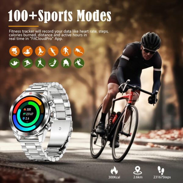 fremtudmy Smartwatch Heren met Metalen Band, 1,43'' AMOLED Display Smart Watches met Hartslag, Bloeddruk, Slaapbewaking, 100+ sportmodi fitnesshorloge smartwatch armband voor Android iOS Zilver - Image 3